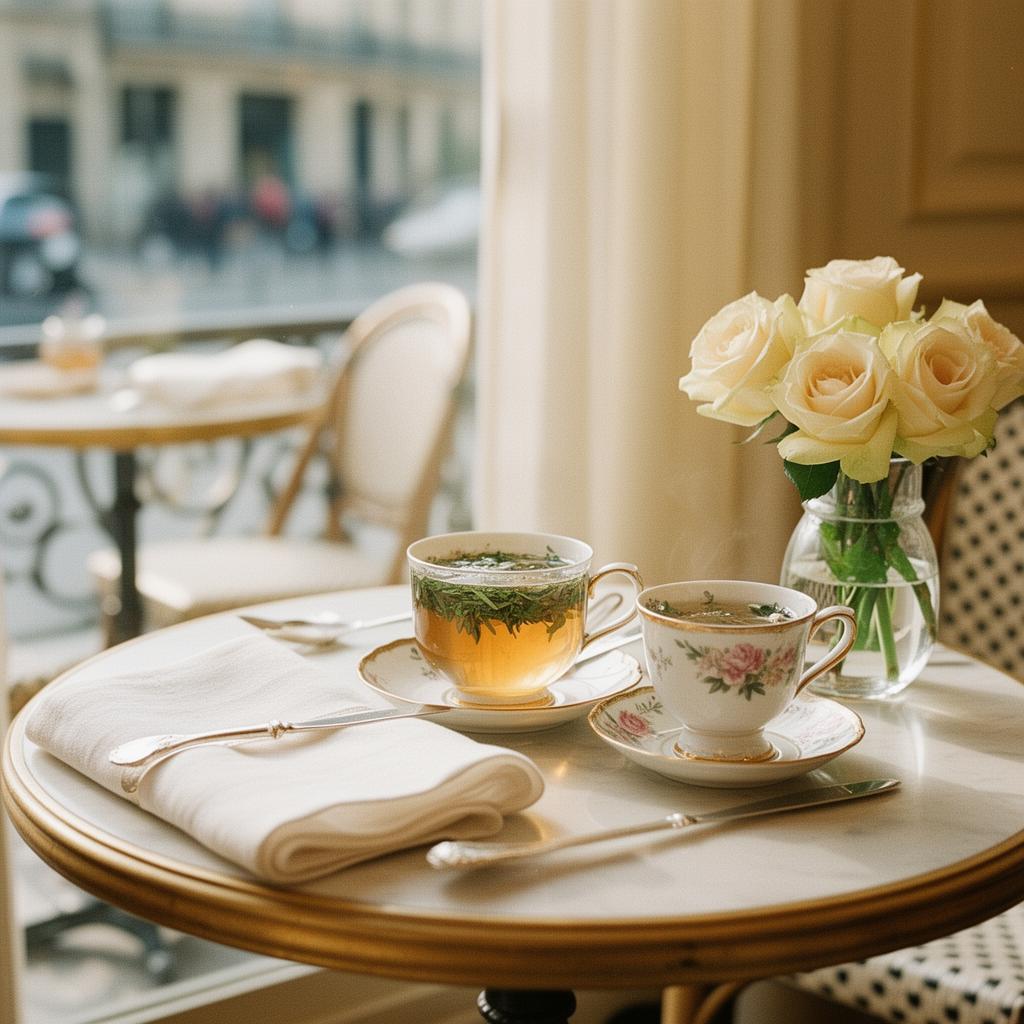 Porcelain teacup, fresh roses, soft morning light